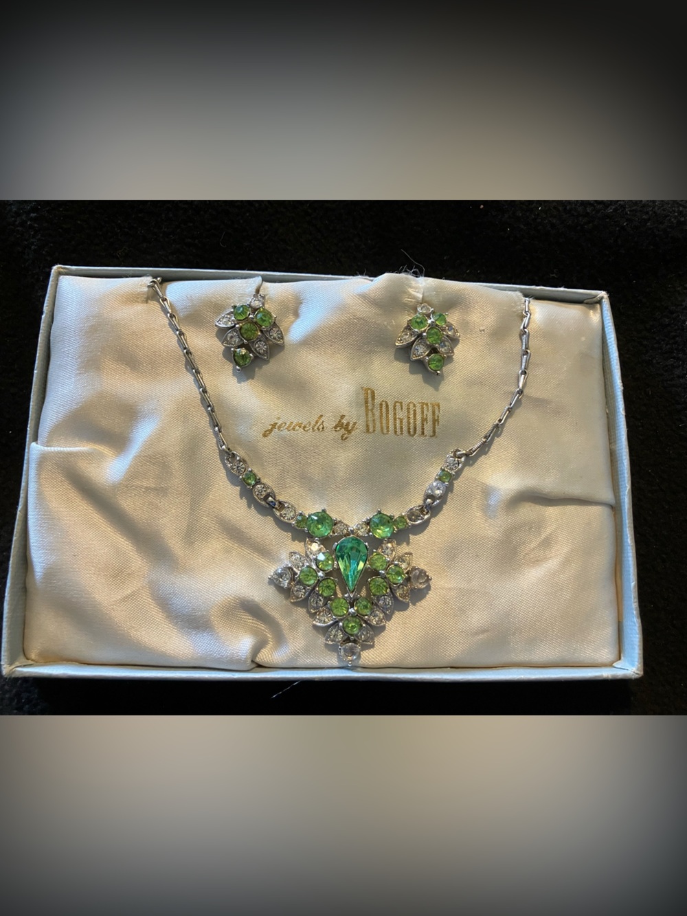 Vintage 1950s Jewels by Bogoff Green Rhinestone Necklace Screwback Earring Set